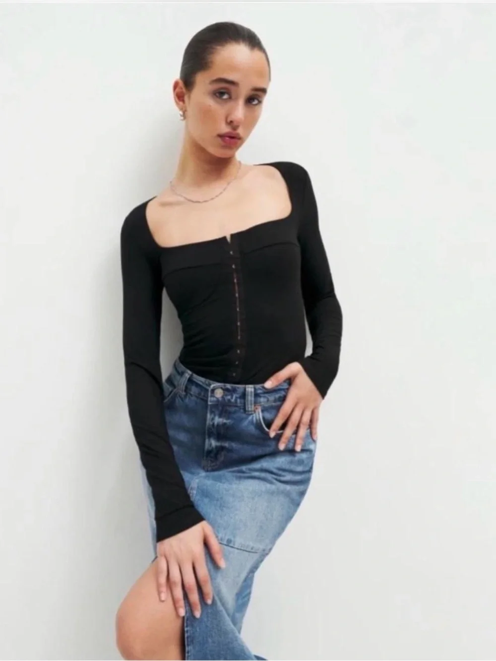 Reformation Black Square Neck Long Sleeve Bodysuit Size Small Corset Detail